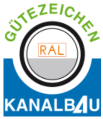 RAL Gütezeichen Kanalbau Logo: Kreis mit RAL Schriftzug, blauem Boden, grünem Text.